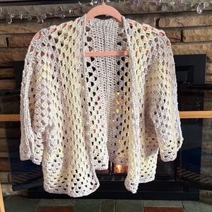 Open-Front Crochet Cardigan Sweater - Cream